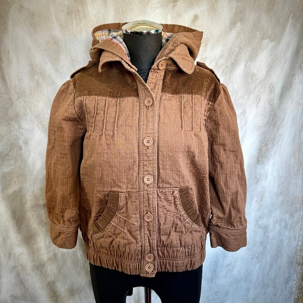 Flying Tomato Jacket 3/4 Sleeves Hooded - Brown Plaid Large